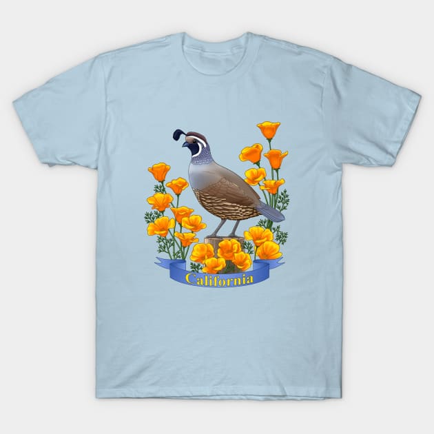 California State Bird Quail and Poppy Flower T-Shirt by csforest